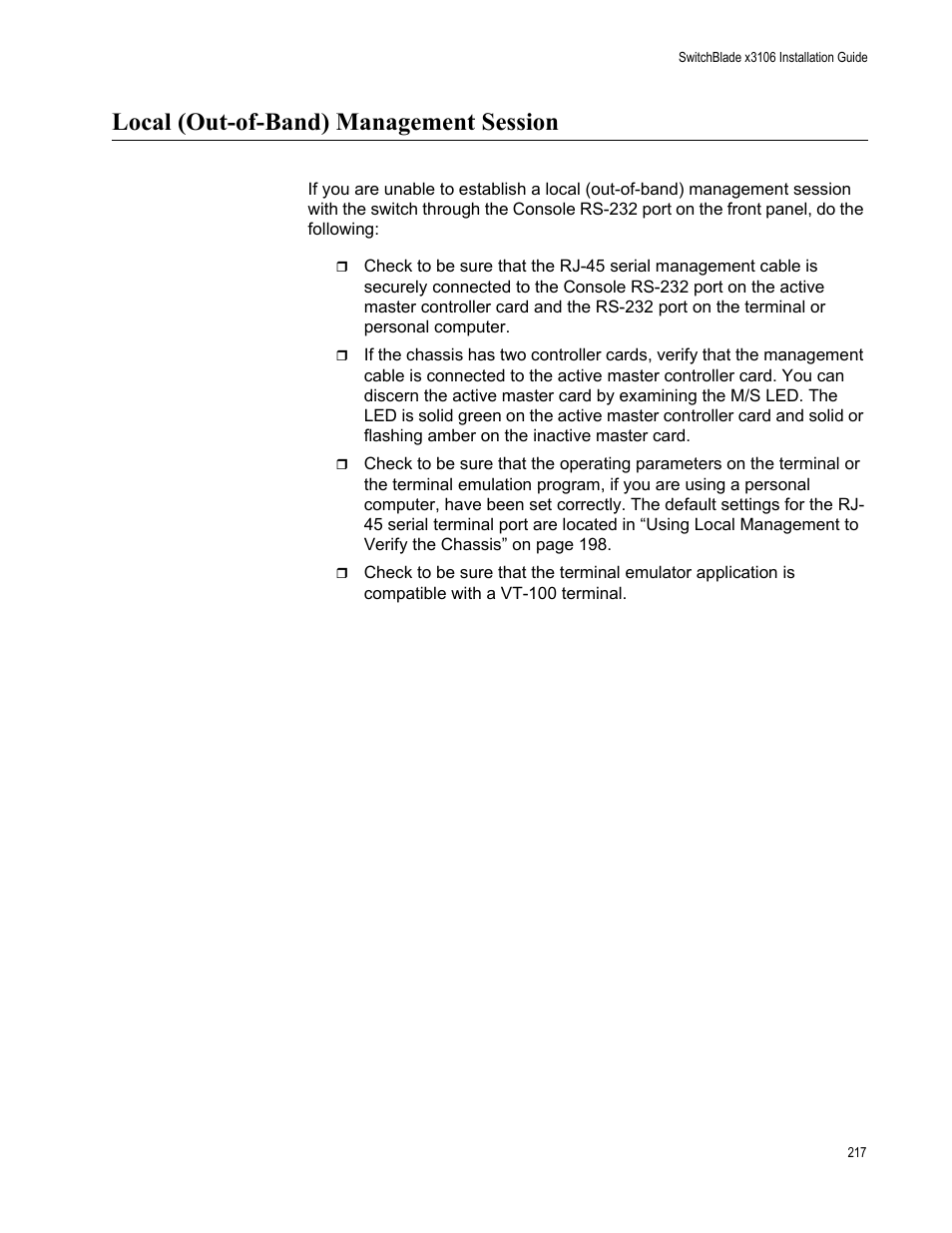 Local (out-of-band) management session | Allied Telesis SwitchBlade x3106 User Manual | Page 217 / 260