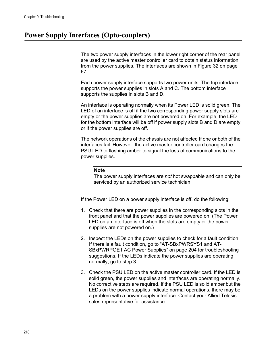 Power supply interfaces (opto-couplers) | Allied Telesis SwitchBlade x3106 User Manual | Page 218 / 260