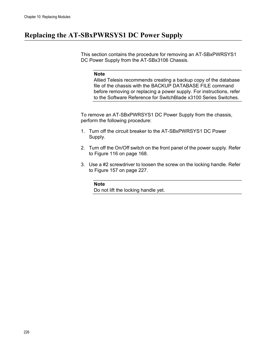 Replacing the at-sbxpwrsys1 dc power supply | Allied Telesis SwitchBlade x3106 User Manual | Page 226 / 260