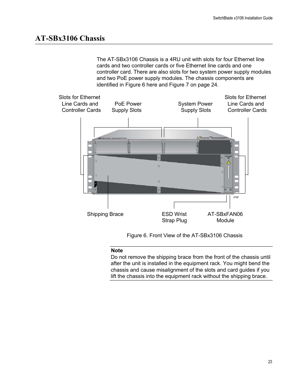 At-sbx3106 chassis, Figure 6: front view of the at-sbx3106 chassis | Allied Telesis SwitchBlade x3106 User Manual | Page 23 / 260