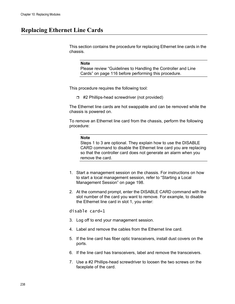 Replacing ethernet line cards | Allied Telesis SwitchBlade x3106 User Manual | Page 238 / 260