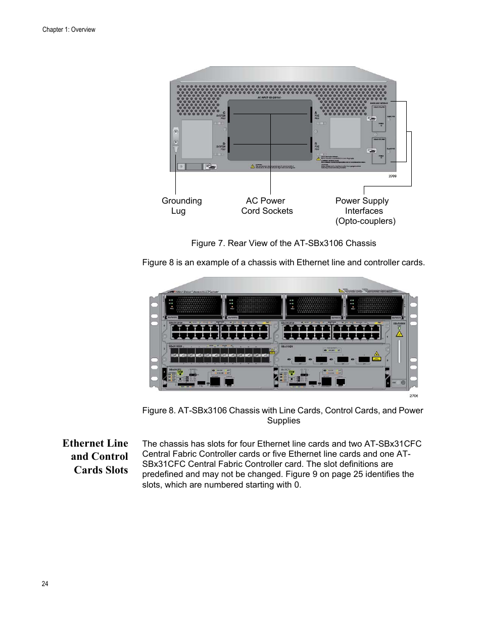 Ethernet line and control cards slots | Allied Telesis SwitchBlade x3106 User Manual | Page 24 / 260