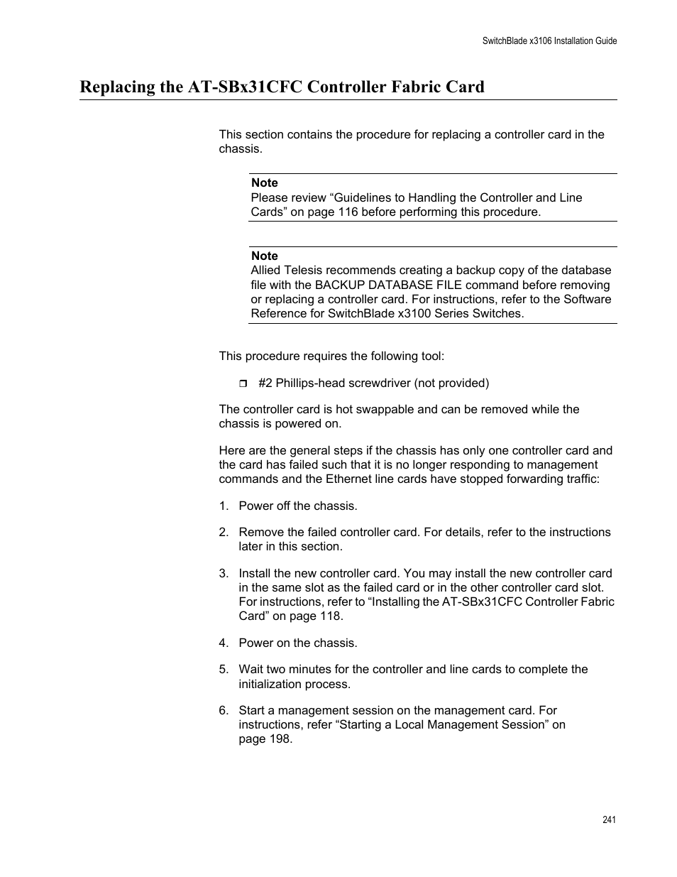 Replacing the at-sbx31cfc controller fabric card | Allied Telesis SwitchBlade x3106 User Manual | Page 241 / 260