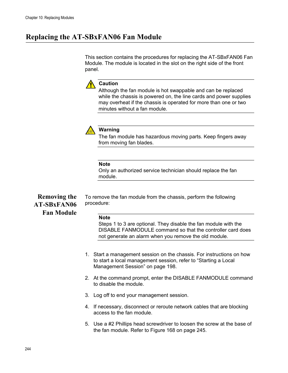 Replacing the at-sbxfan06 fan module, Removing the at-sbxfan06 fan module | Allied Telesis SwitchBlade x3106 User Manual | Page 244 / 260