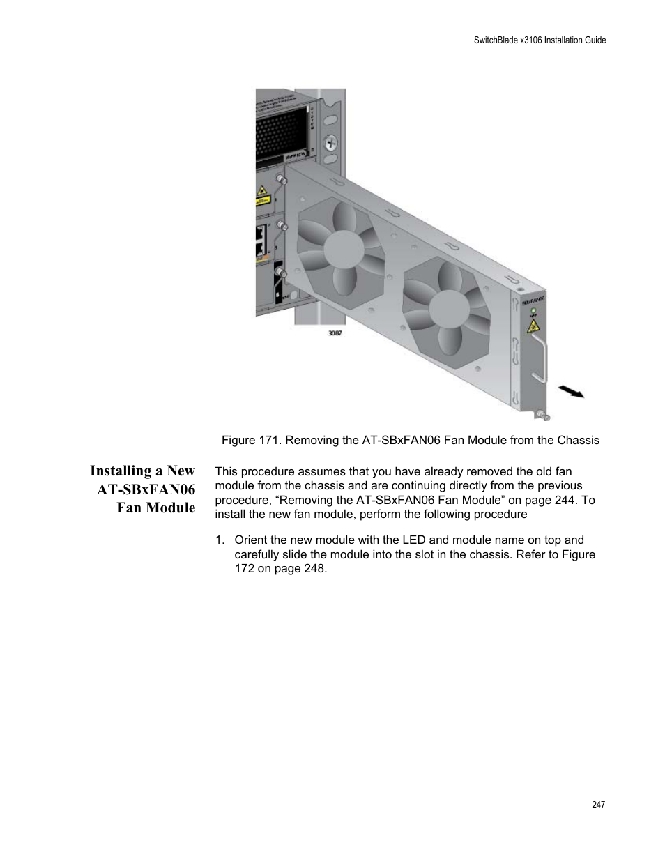 Installing a new at-sbxfan06 fan module | Allied Telesis SwitchBlade x3106 User Manual | Page 247 / 260