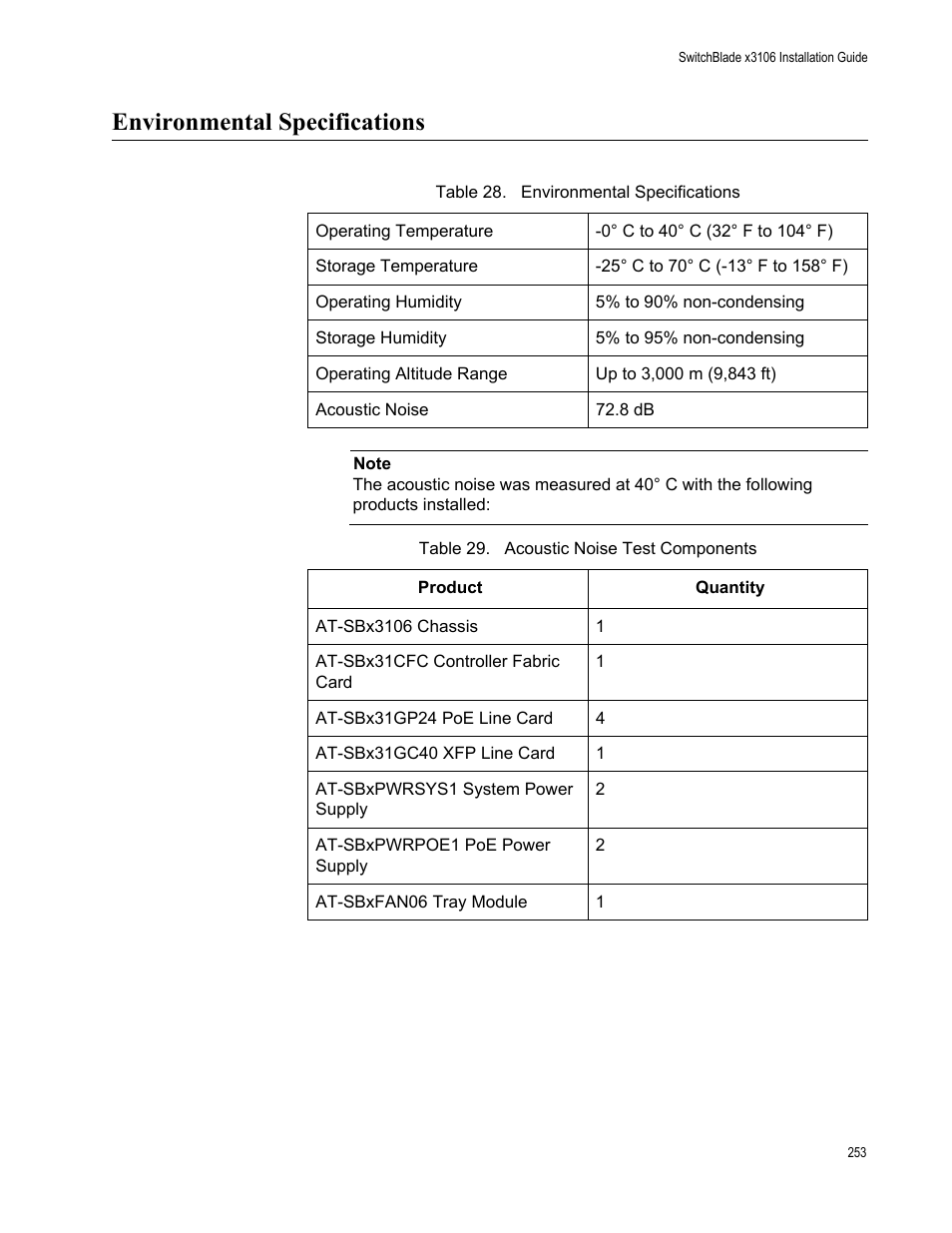 Environmental specifications | Allied Telesis SwitchBlade x3106 User Manual | Page 253 / 260