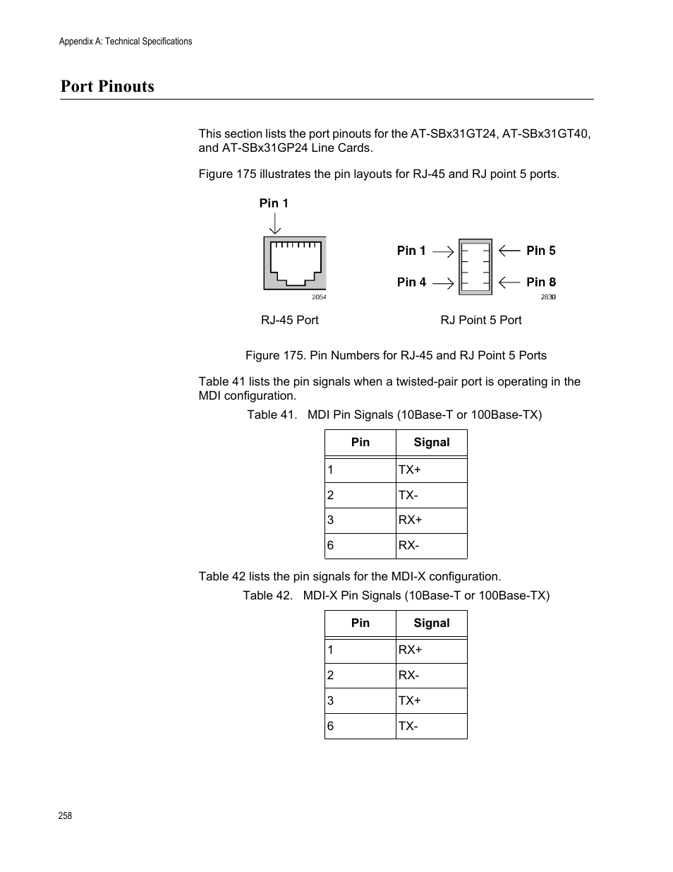 Port pinouts, Pin numbers for rj-45 and rj point 5 ports | Allied Telesis SwitchBlade x3106 User Manual | Page 258 / 260