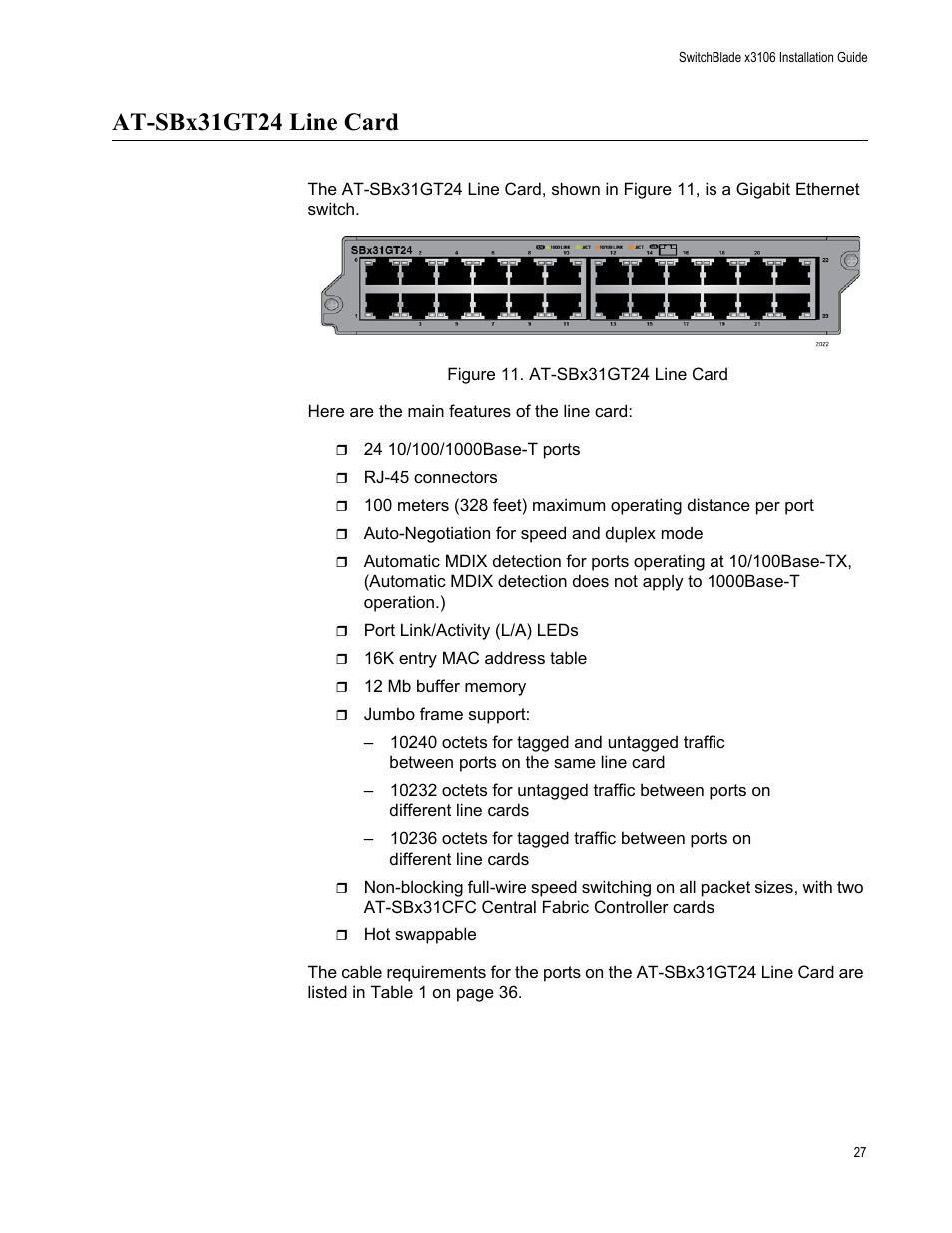 At-sbx31gt24 line card, Figure 11: at-sbx31gt24 line card | Allied Telesis SwitchBlade x3106 User Manual | Page 27 / 260