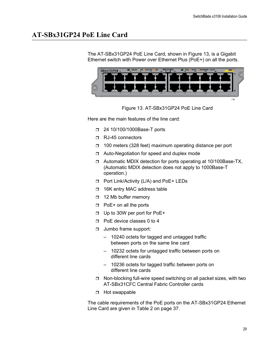 At-sbx31gp24 poe line card, Figure 13: at-sbx31gp24 poe line card | Allied Telesis SwitchBlade x3106 User Manual | Page 29 / 260