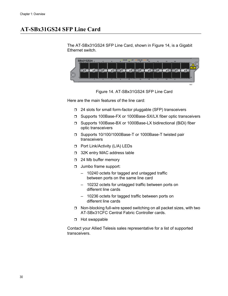 At-sbx31gs24 sfp line card, Figure 14: at-sbx31gs24 sfp line card | Allied Telesis SwitchBlade x3106 User Manual | Page 30 / 260