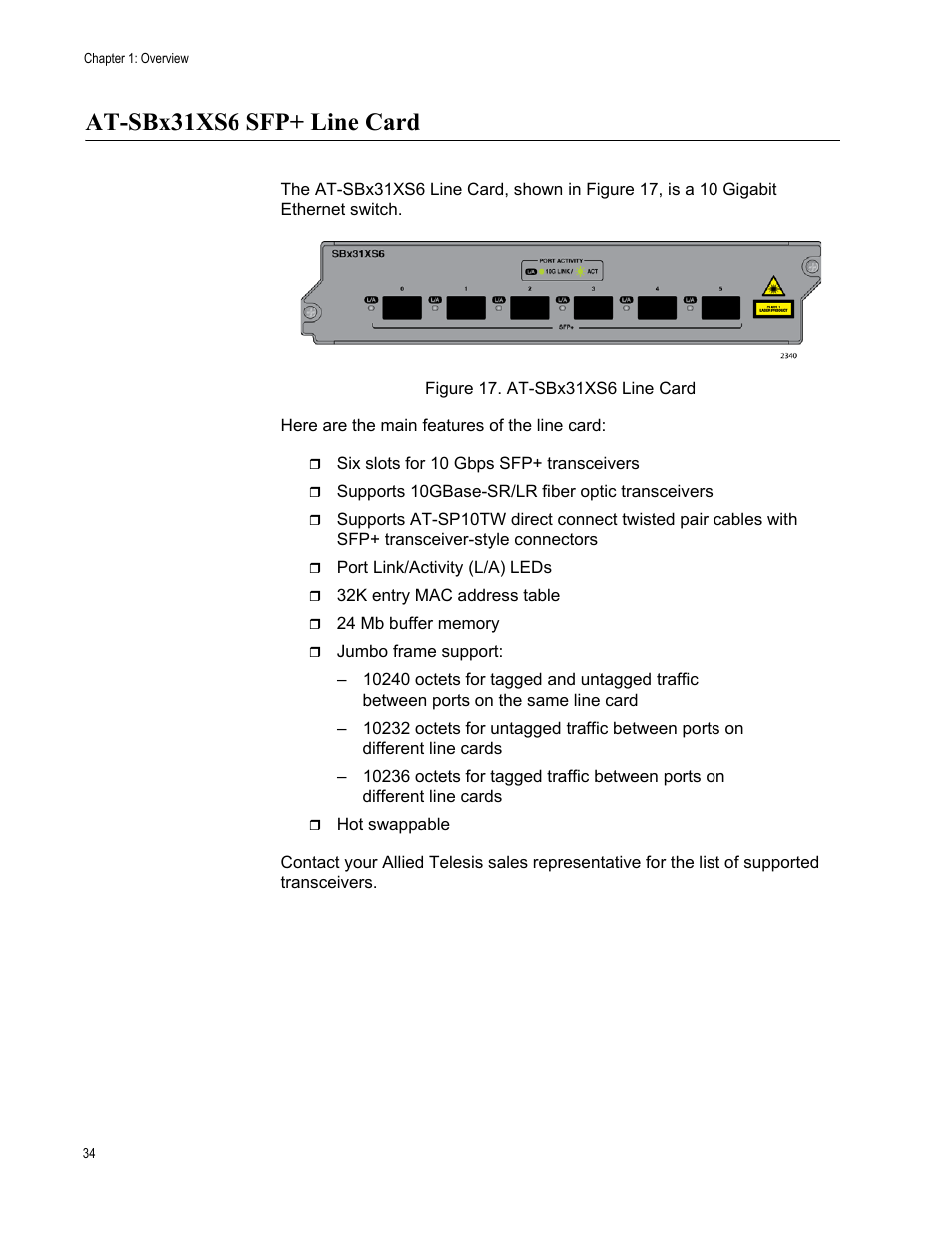 At-sbx31xs6 sfp+ line card, Figure 17: at-sbx31xs6 line card | Allied Telesis SwitchBlade x3106 User Manual | Page 34 / 260