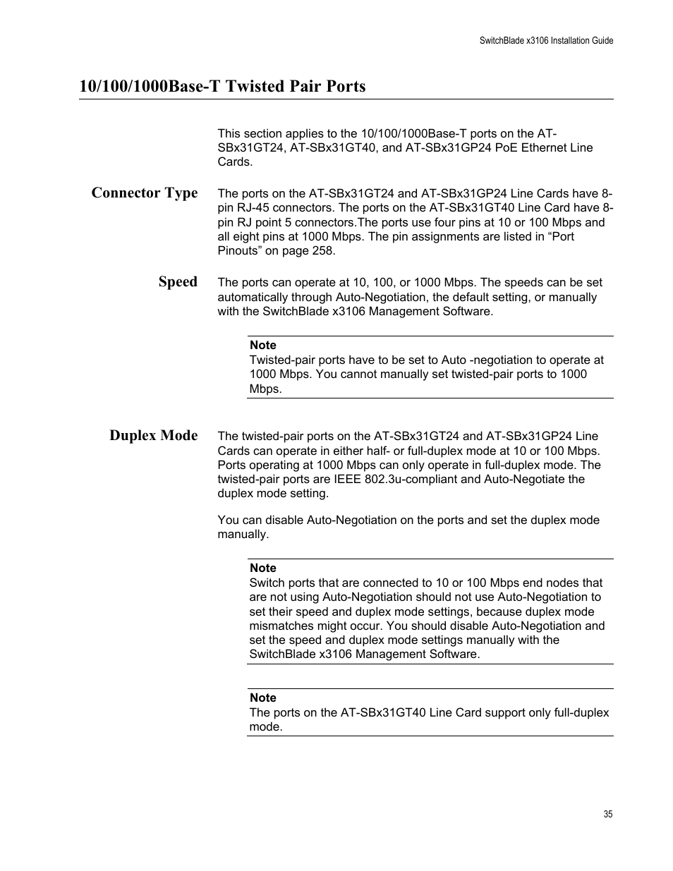 10/100/1000base-t twisted pair ports, Connector type, Speed | Duplex mode, Connector type speed duplex mode | Allied Telesis SwitchBlade x3106 User Manual | Page 35 / 260