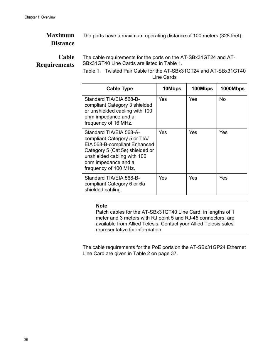 Maximum distance, Cable requirements, Maximum distance cable requirements | Allied Telesis SwitchBlade x3106 User Manual | Page 36 / 260