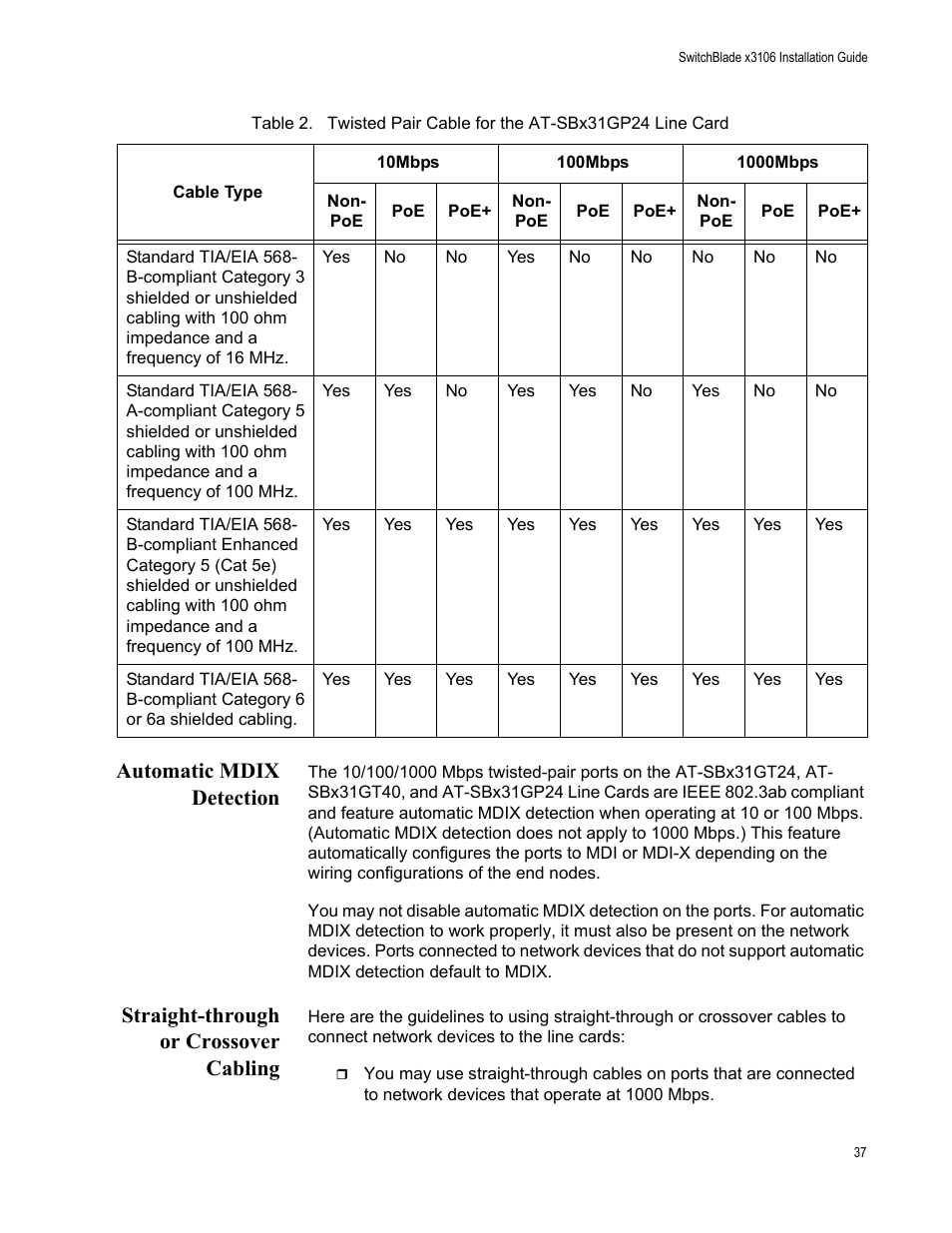 Automatic mdix detection, Straight-through or crossover cabling | Allied Telesis SwitchBlade x3106 User Manual | Page 37 / 260