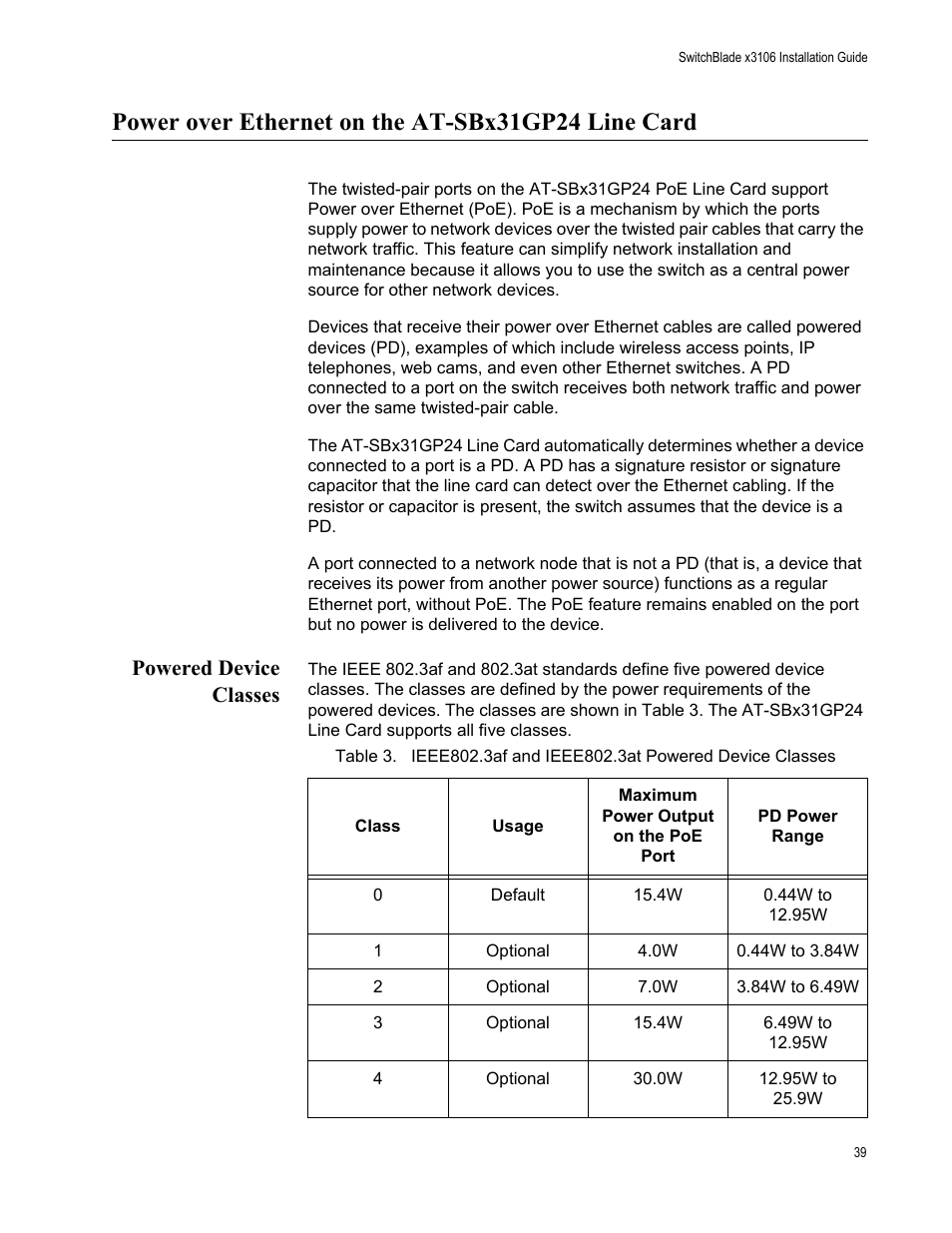 Power over ethernet on the at-sbx31gp24 line card, Powered device classes | Allied Telesis SwitchBlade x3106 User Manual | Page 39 / 260