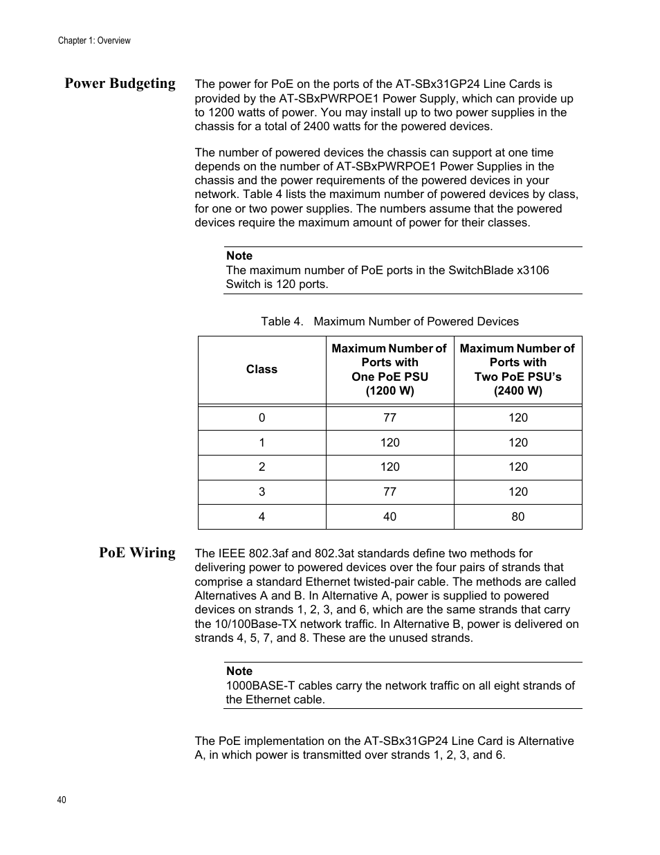 Power budgeting, Poe wiring, Power budgeting poe wiring | Table 4. maximum number of powered devices | Allied Telesis SwitchBlade x3106 User Manual | Page 40 / 260