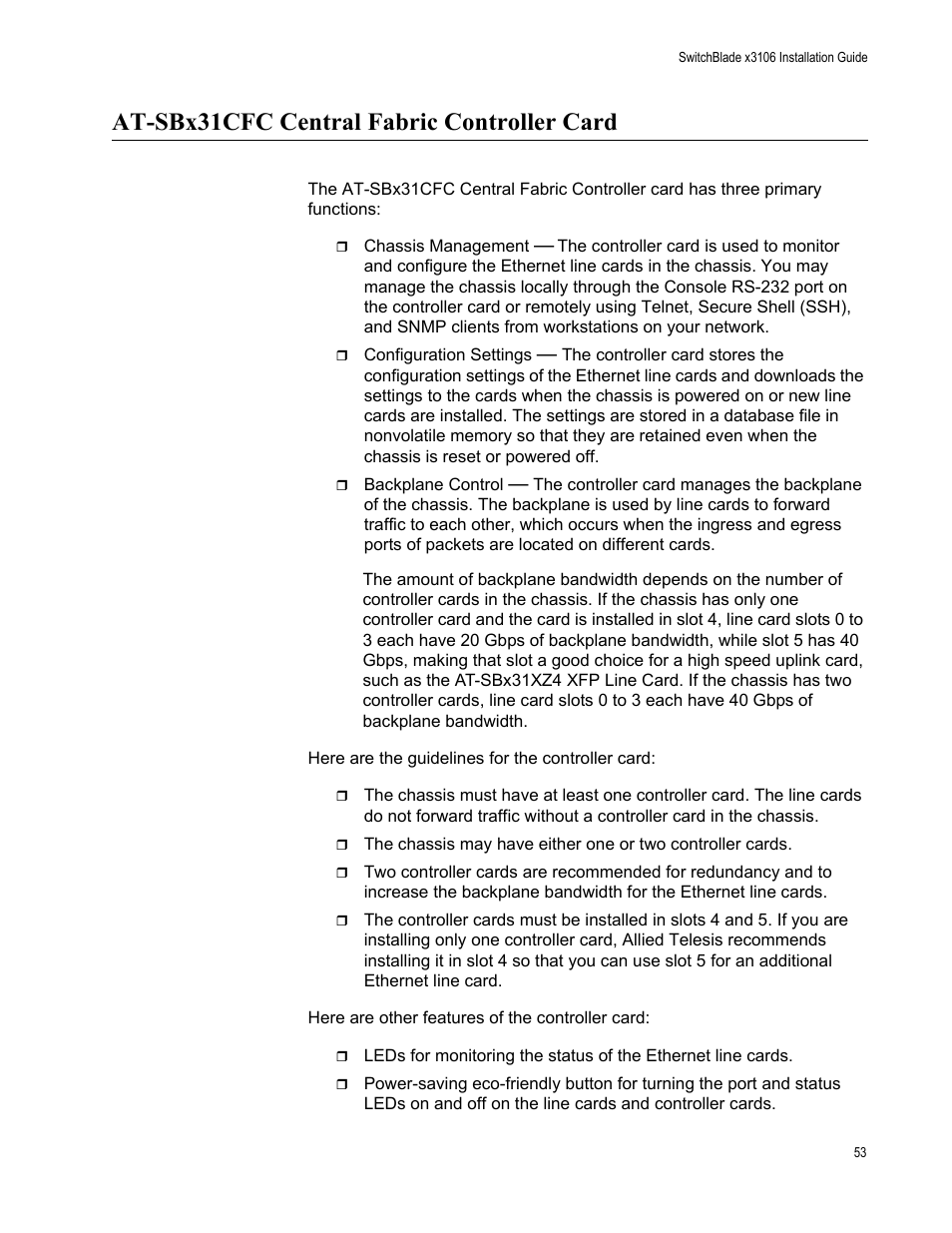 At-sbx31cfc central fabric controller card | Allied Telesis SwitchBlade x3106 User Manual | Page 53 / 260