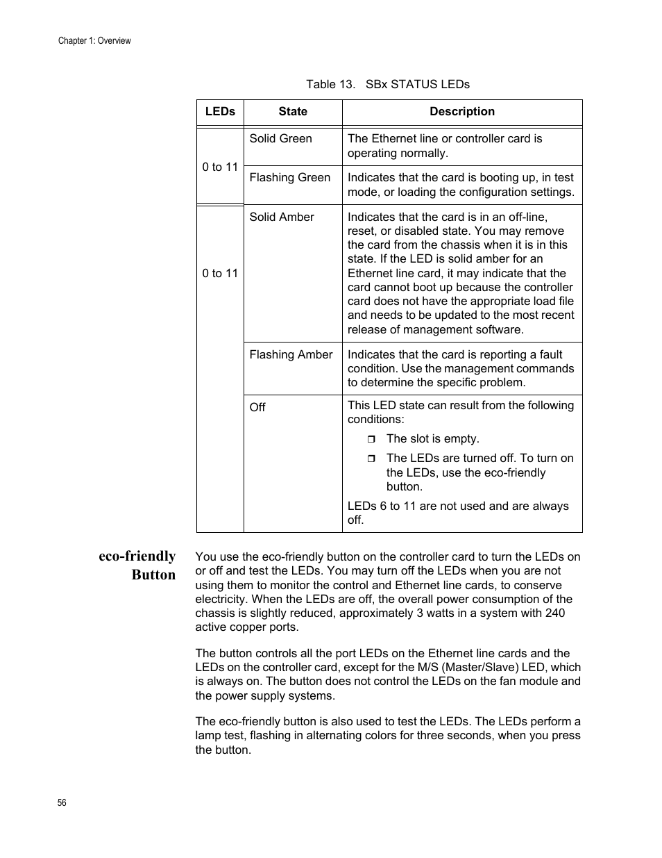 Eco-friendly button, Table 13. sbx status leds | Allied Telesis SwitchBlade x3106 User Manual | Page 56 / 260