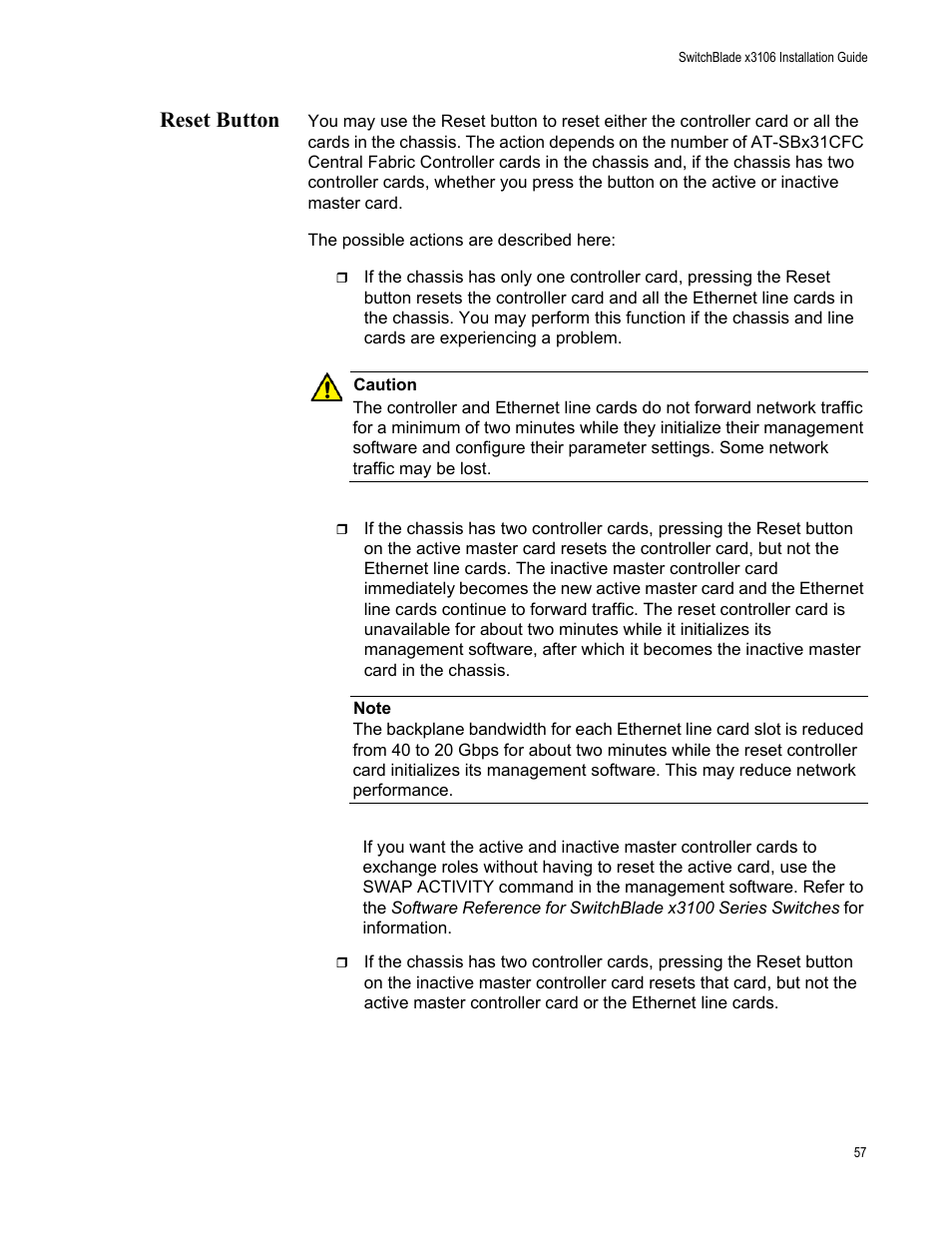 Reset button | Allied Telesis SwitchBlade x3106 User Manual | Page 57 / 260