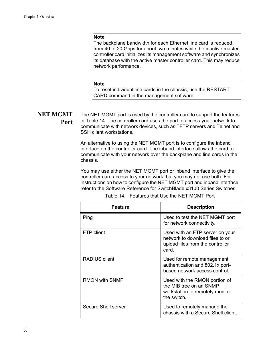 Net mgmt port, Table 14. features that use the net mgmt port | Allied Telesis SwitchBlade x3106 User Manual | Page 58 / 260