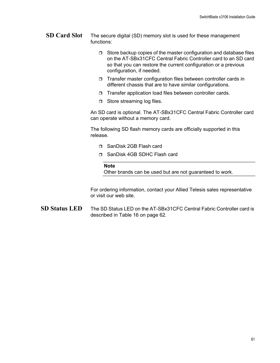 Sd card slot, Sd status led, Sd card slot sd status led | Allied Telesis SwitchBlade x3106 User Manual | Page 61 / 260