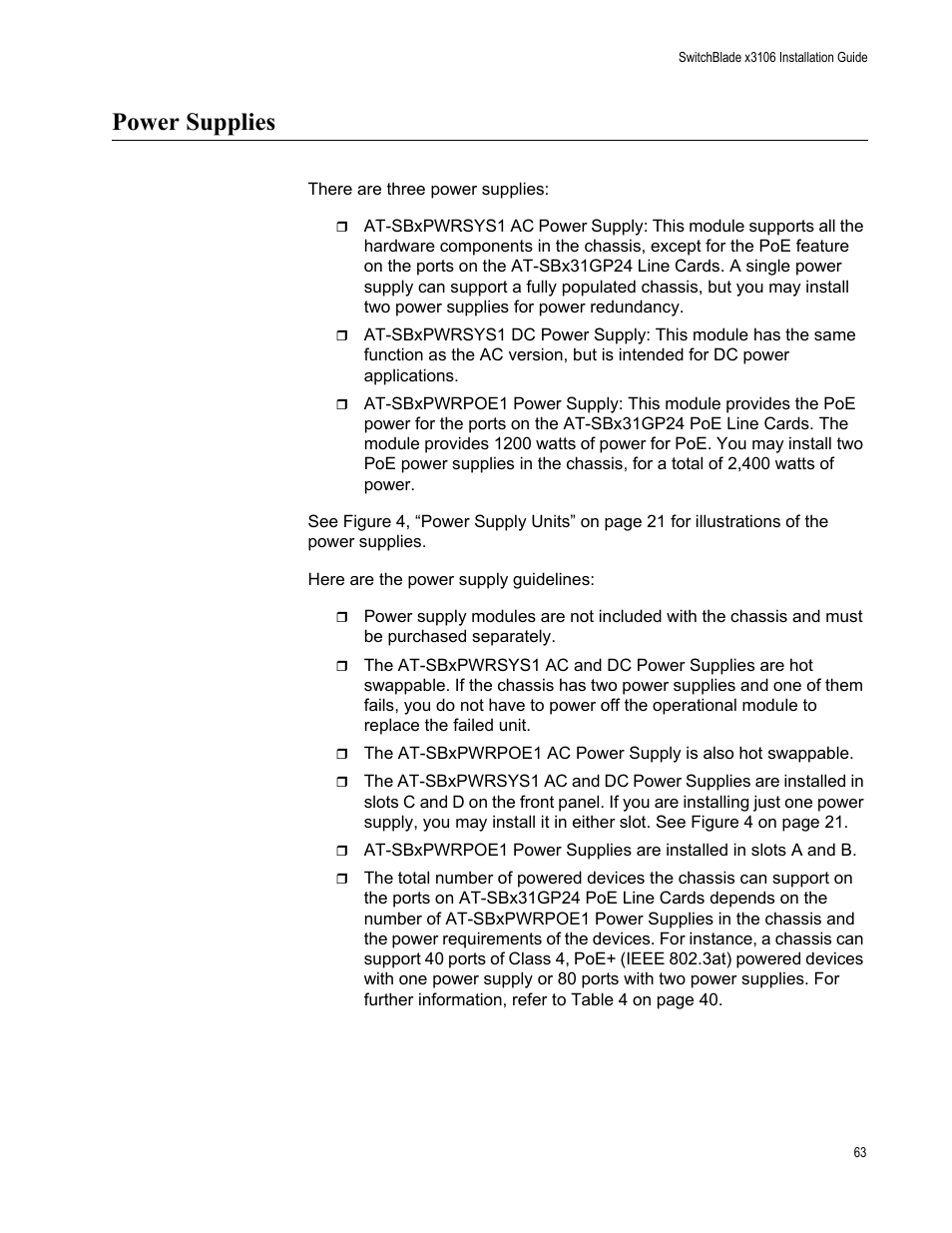 Power supplies | Allied Telesis SwitchBlade x3106 User Manual | Page 63 / 260