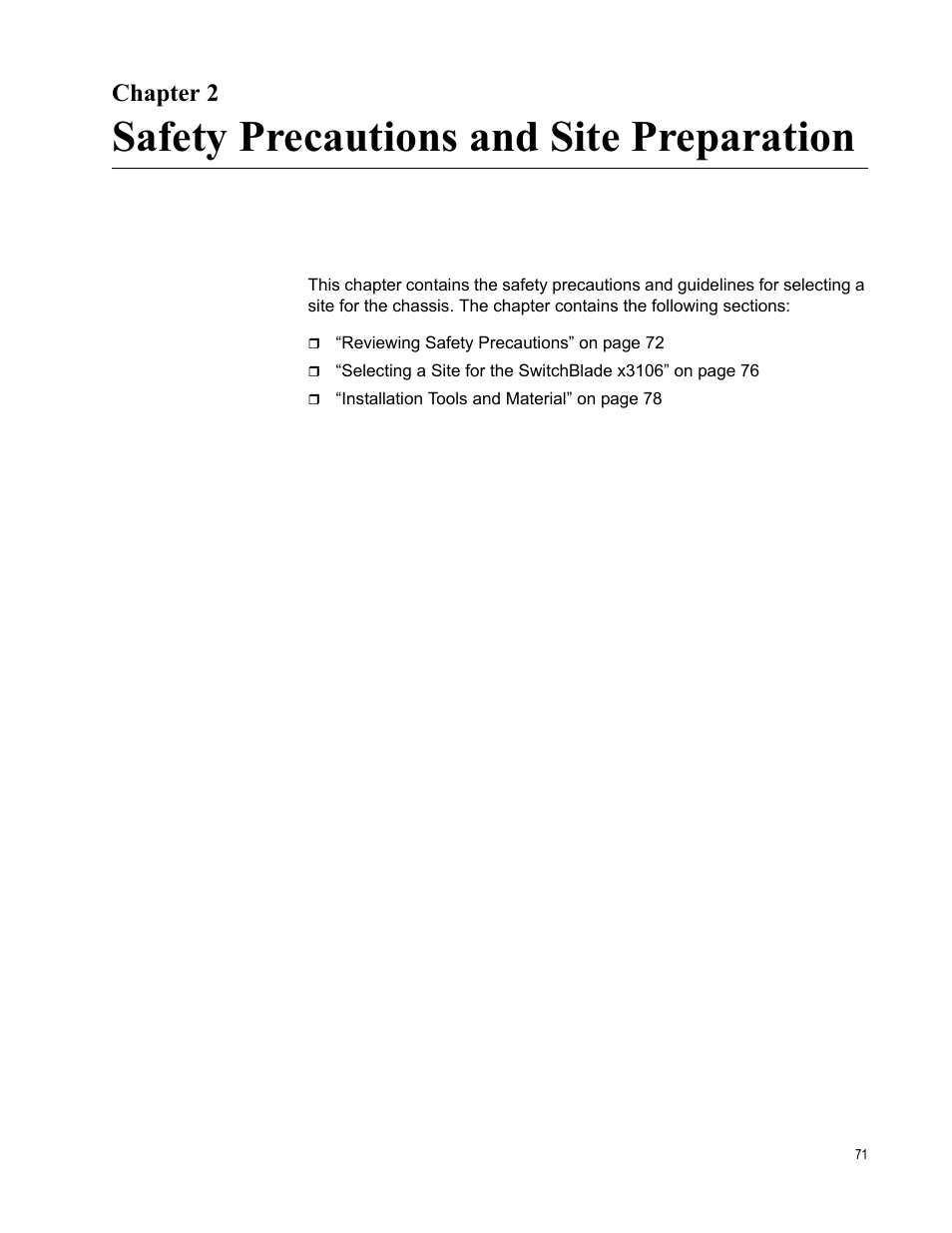 Chapter 2, Safety precautions and site preparation, Chapter 2: safety precautions and site preparation | Allied Telesis SwitchBlade x3106 User Manual | Page 71 / 260