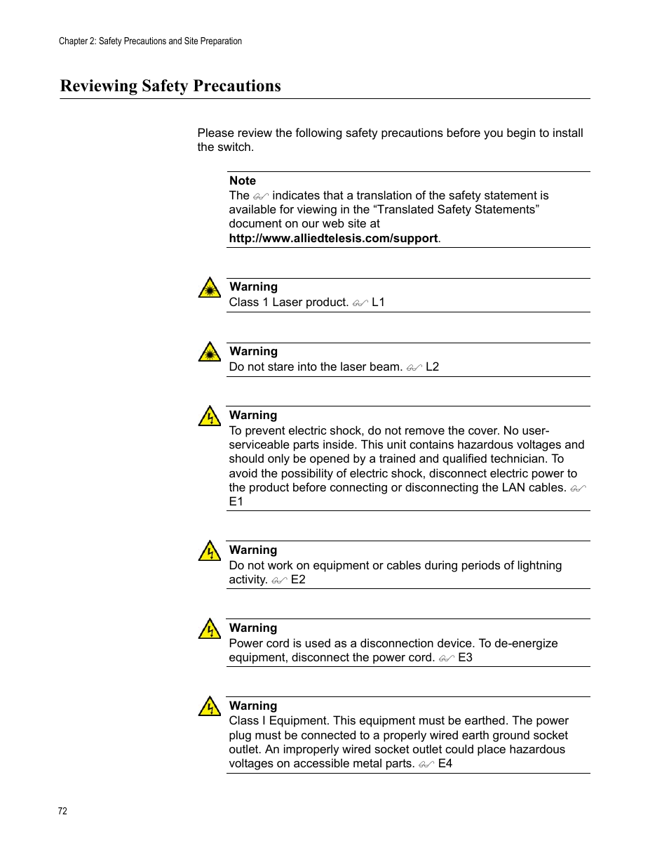 Reviewing safety precautions | Allied Telesis SwitchBlade x3106 User Manual | Page 72 / 260