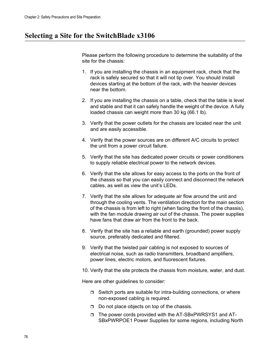 Selecting a site for the switchblade x3106 | Allied Telesis SwitchBlade x3106 User Manual | Page 76 / 260