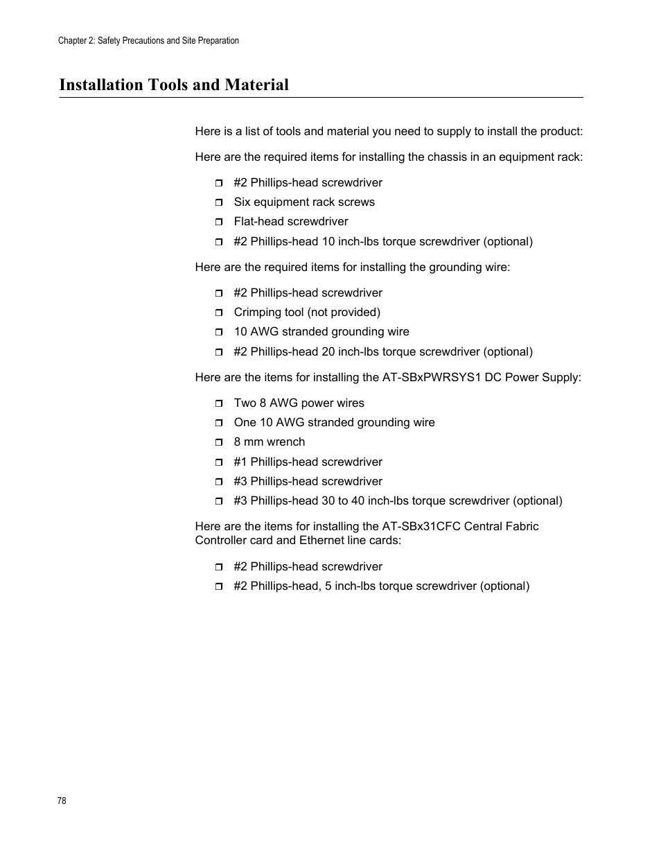 Installation tools and material | Allied Telesis SwitchBlade x3106 User Manual | Page 78 / 260