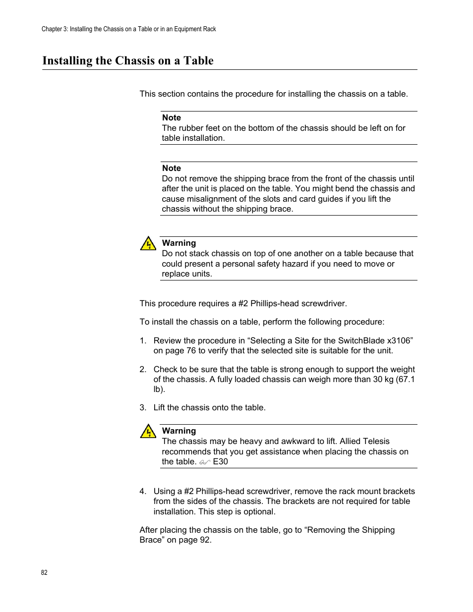 Installing the chassis on a table | Allied Telesis SwitchBlade x3106 User Manual | Page 82 / 260