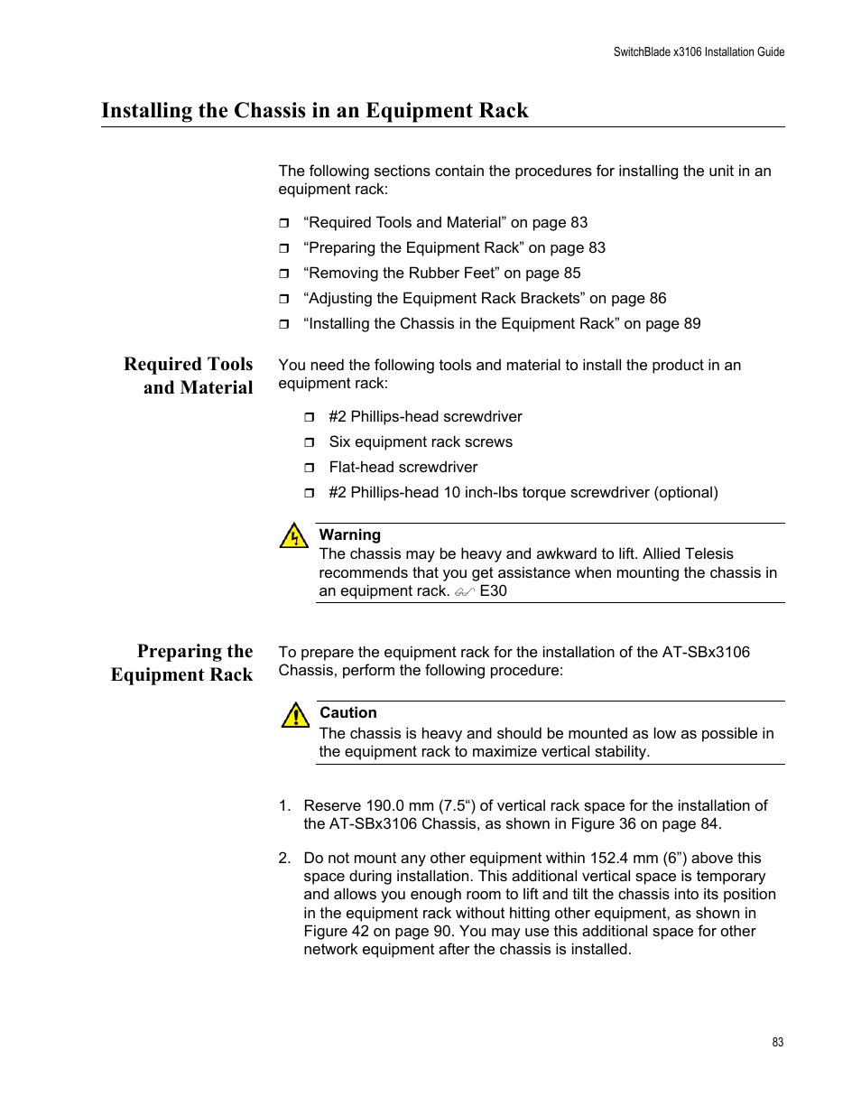 Installing the chassis in an equipment rack, Required tools and material, Preparing the equipment rack | Allied Telesis SwitchBlade x3106 User Manual | Page 83 / 260