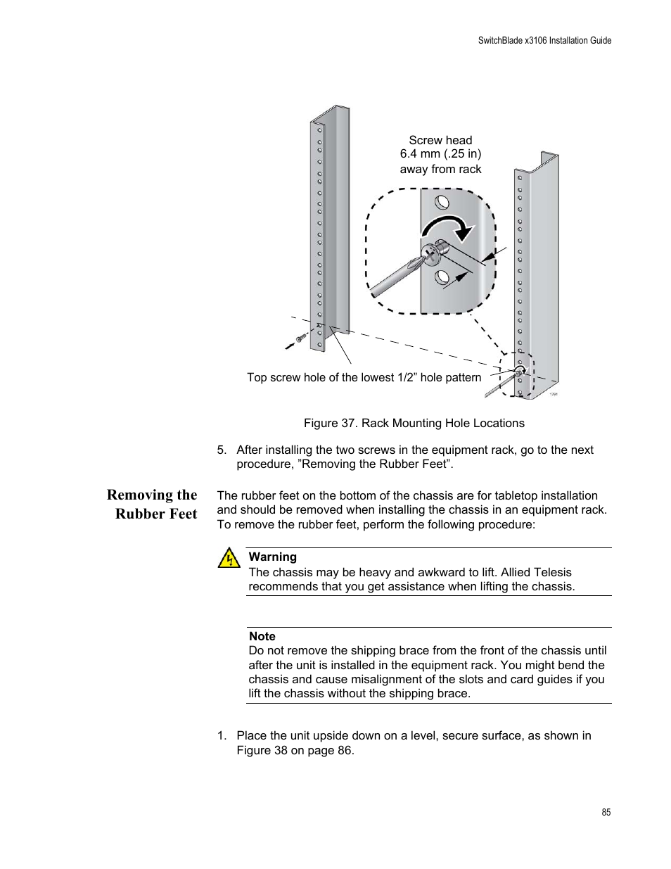 Removing the rubber feet, Figure 37: rack mounting hole locations | Allied Telesis SwitchBlade x3106 User Manual | Page 85 / 260