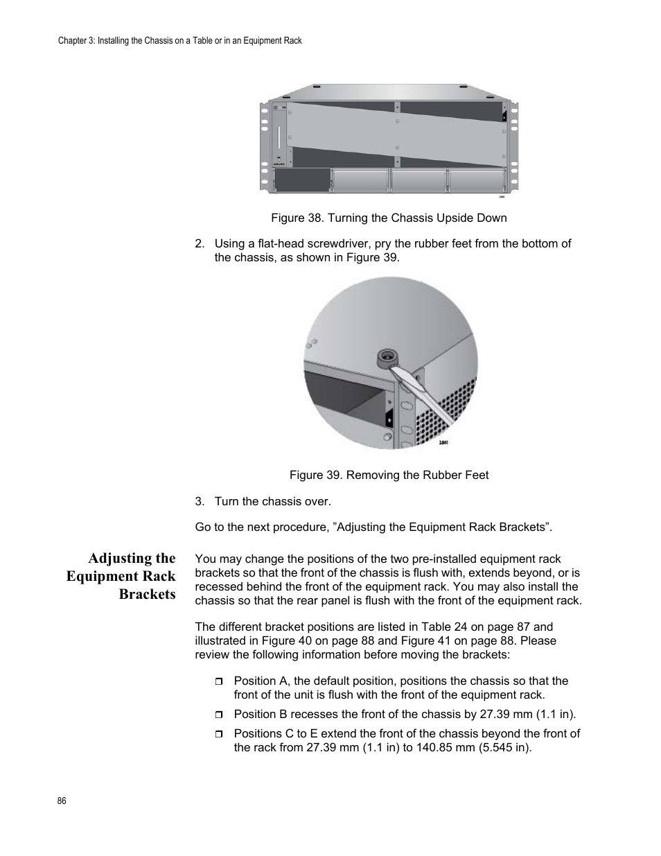 Adjusting the equipment rack brackets | Allied Telesis SwitchBlade x3106 User Manual | Page 86 / 260