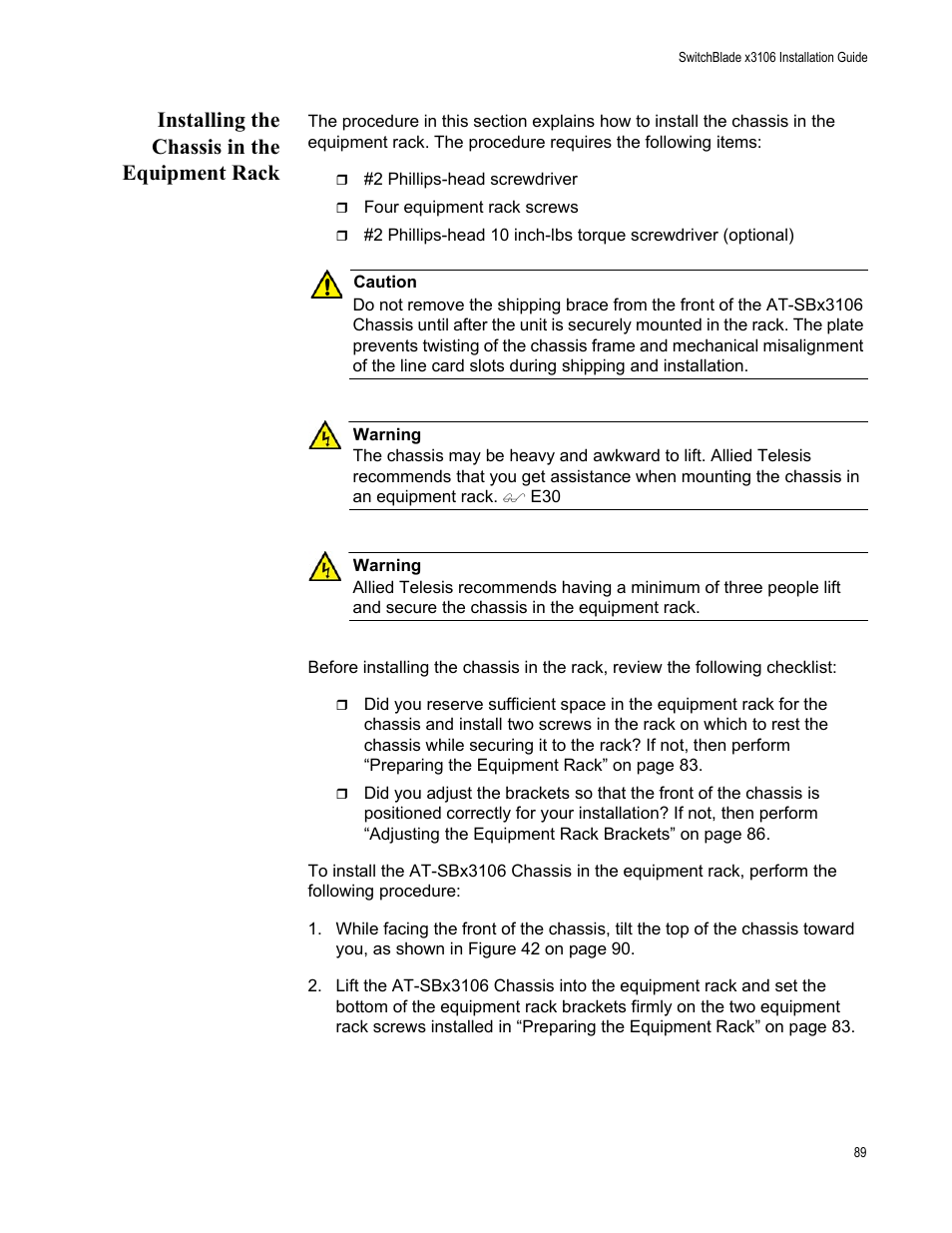 Installing the chassis in the equipment rack | Allied Telesis SwitchBlade x3106 User Manual | Page 89 / 260