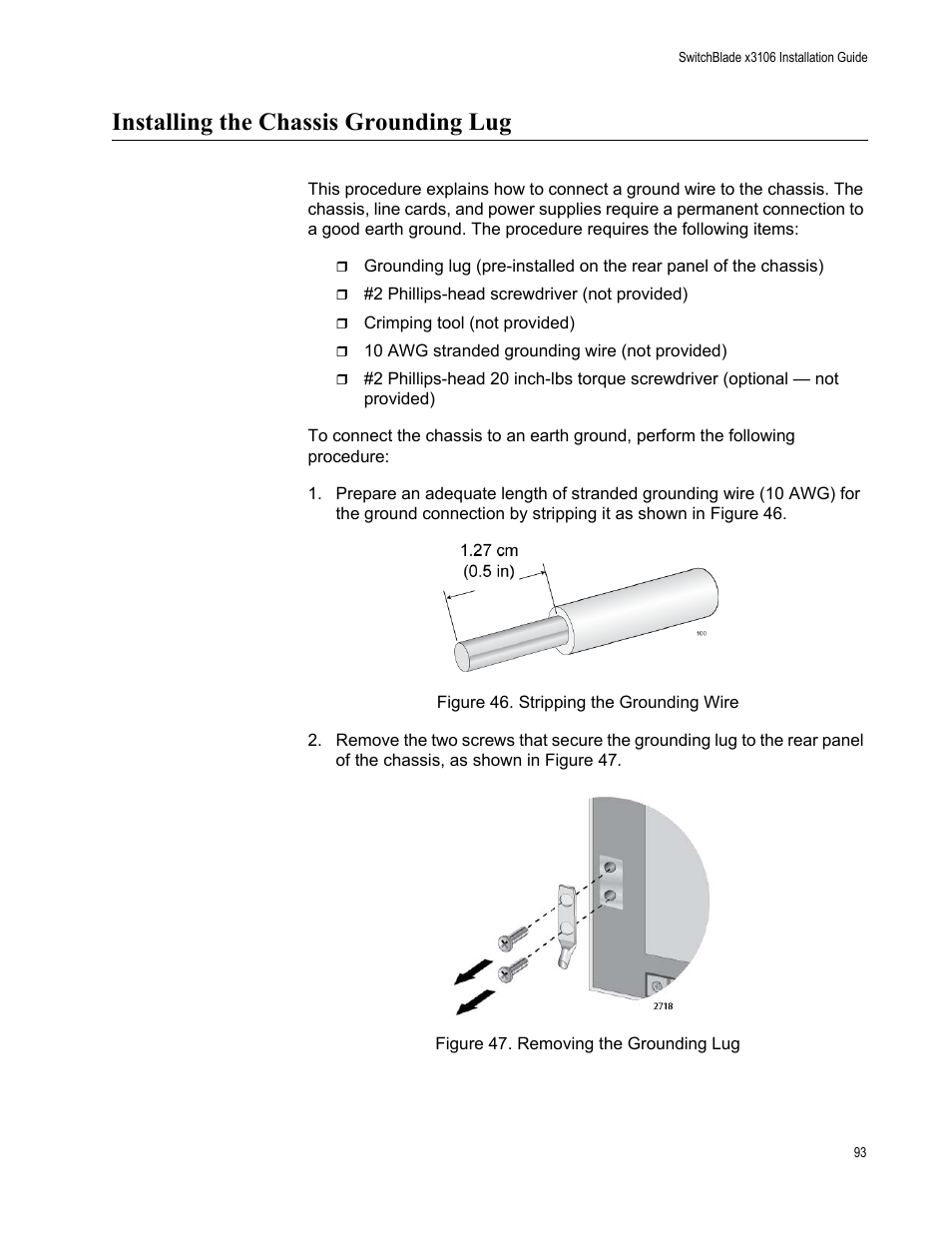 Installing the chassis grounding lug | Allied Telesis SwitchBlade x3106 User Manual | Page 93 / 260