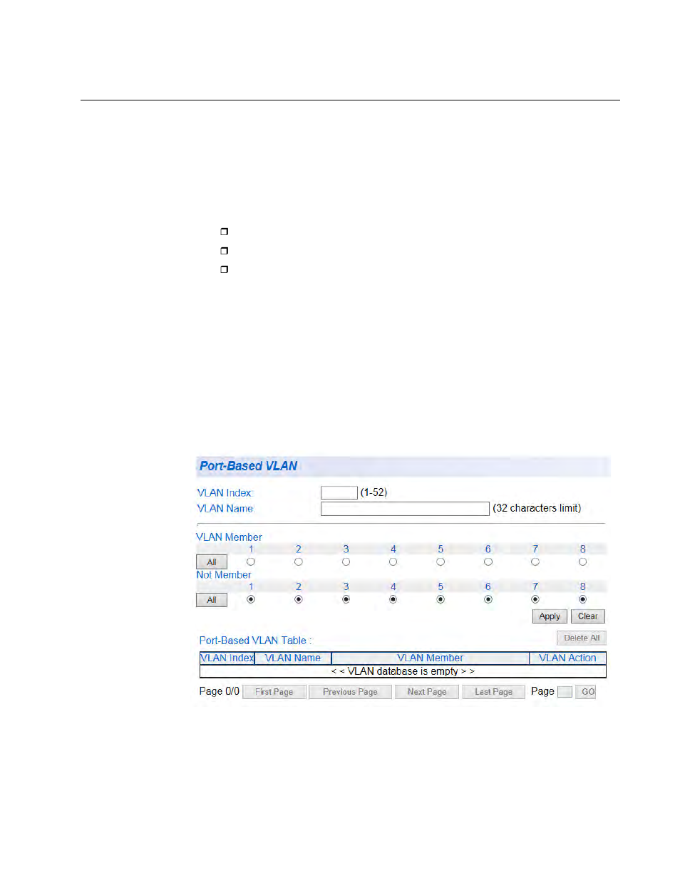 Port-based vlan configuration, Create a port- based vlan, Create a port-based vlan | Allied Telesis AT-GS950/8 User Manual | Page 173 / 404