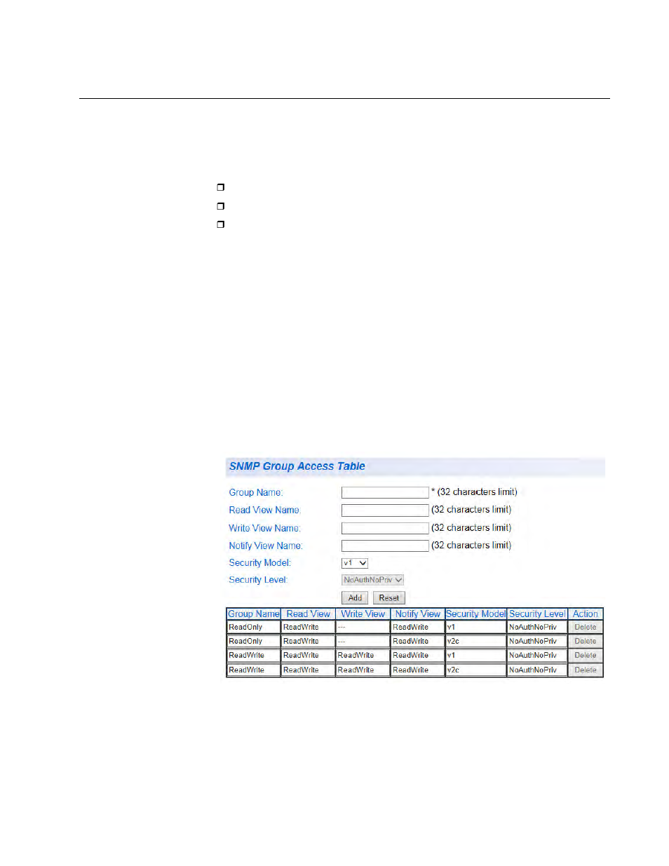 Snmpv3 view names, Creating snmpv3 view names, Figure 86. snmp group access table | Allied Telesis AT-GS950/8 User Manual | Page 231 / 404