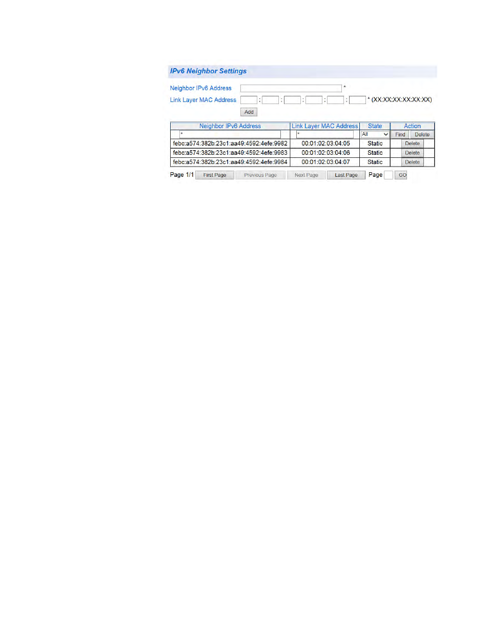 Delete an ipv6 neighbor entry, Find an ipv6 neighbor | Allied Telesis AT-GS950/8 User Manual | Page 37 / 404