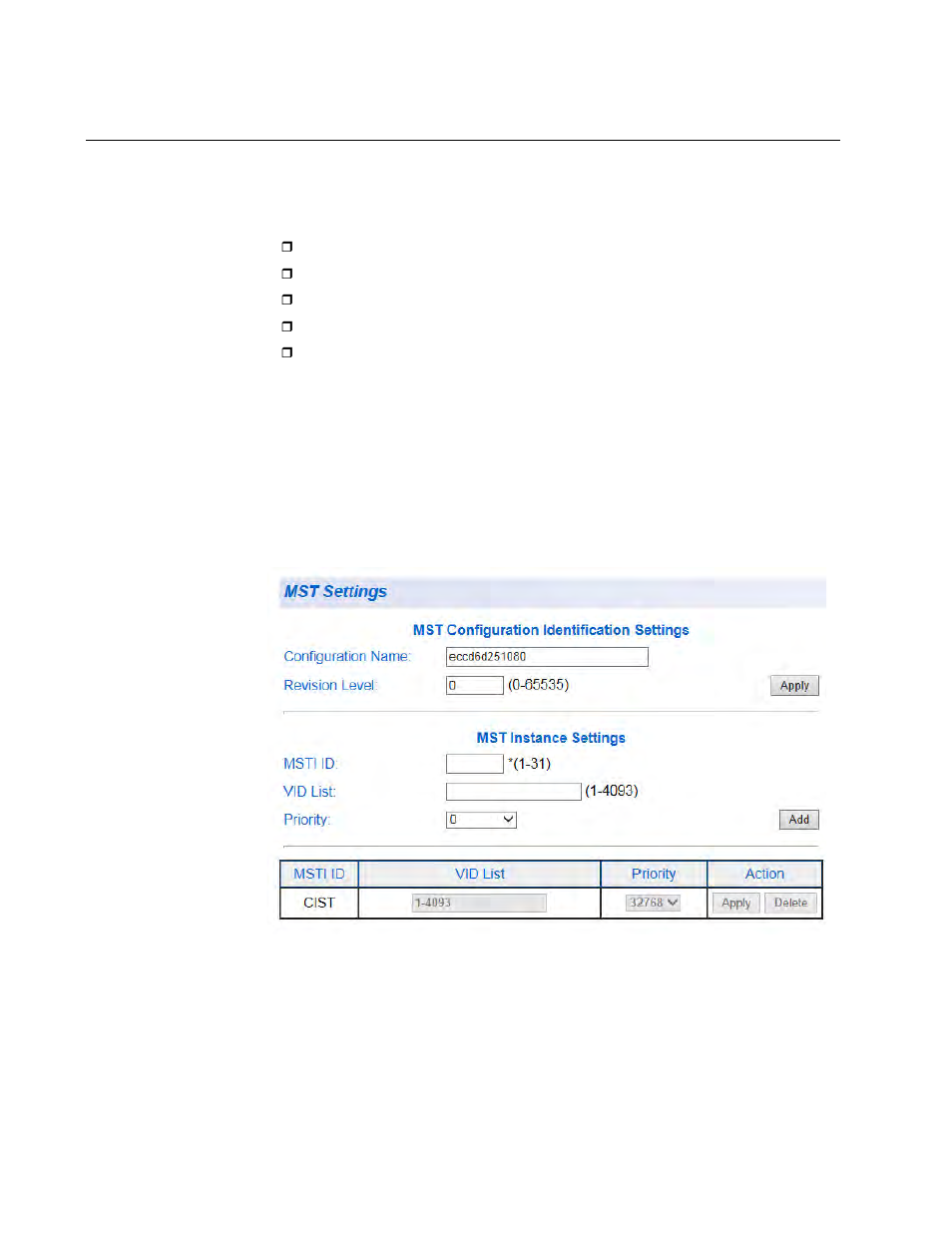 Mst settings, Specify region and revision level, Open mst settings page | Allied Telesis AT-GS950/8 User Manual | Page 94 / 404