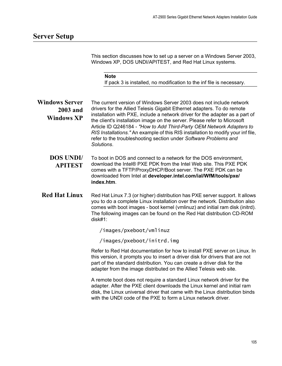 Server setup, Windows server 2003 and windows xp, Dos undi/ apitest | Red hat linux | Allied Telesis AT-2900 Series Adapters User Manual | Page 105 / 142