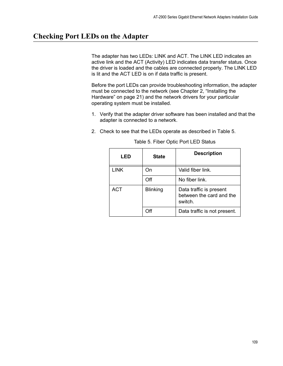 Checking port leds on the adapter | Allied Telesis AT-2900 Series Adapters User Manual | Page 109 / 142