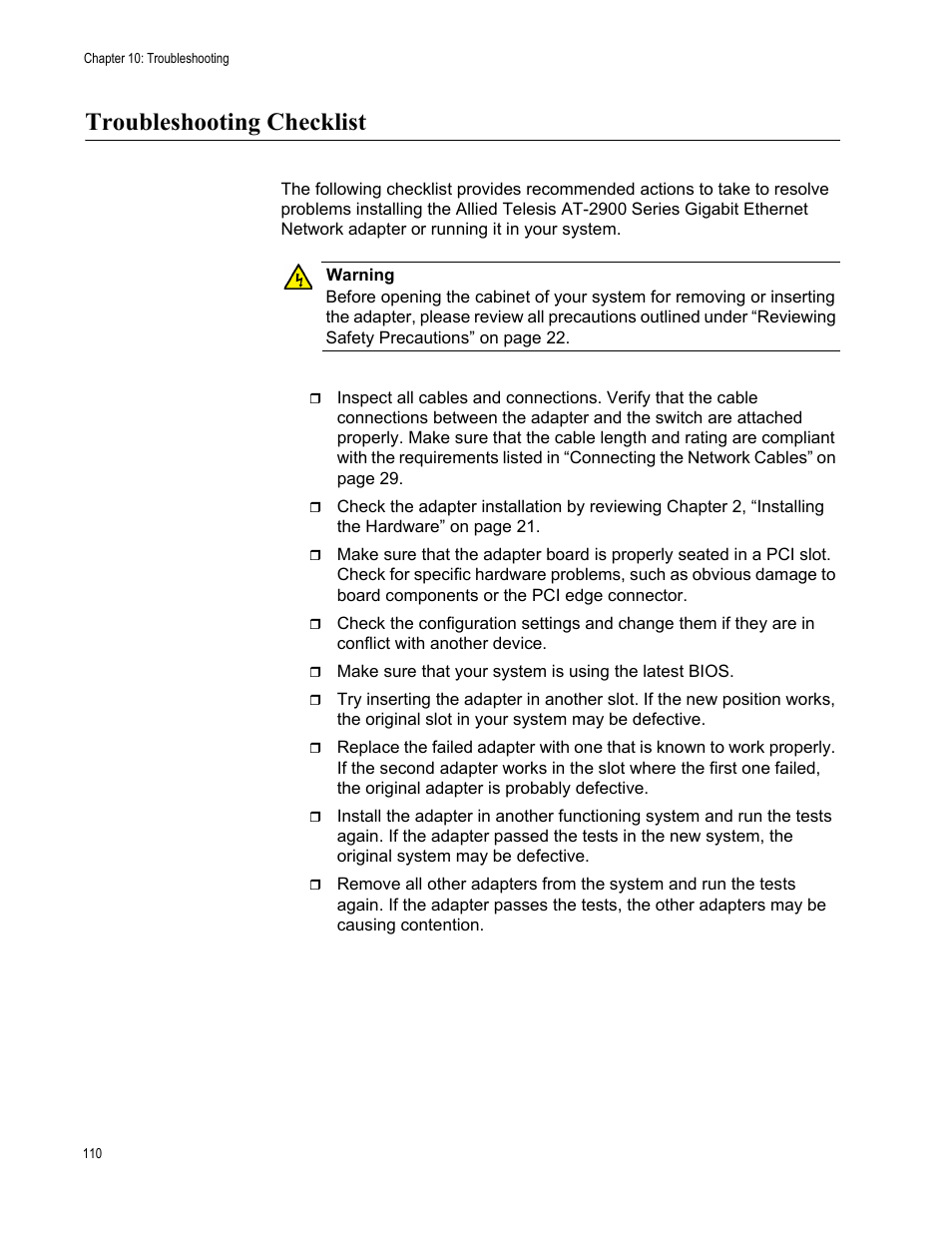 Troubleshooting checklist | Allied Telesis AT-2900 Series Adapters User Manual | Page 110 / 142