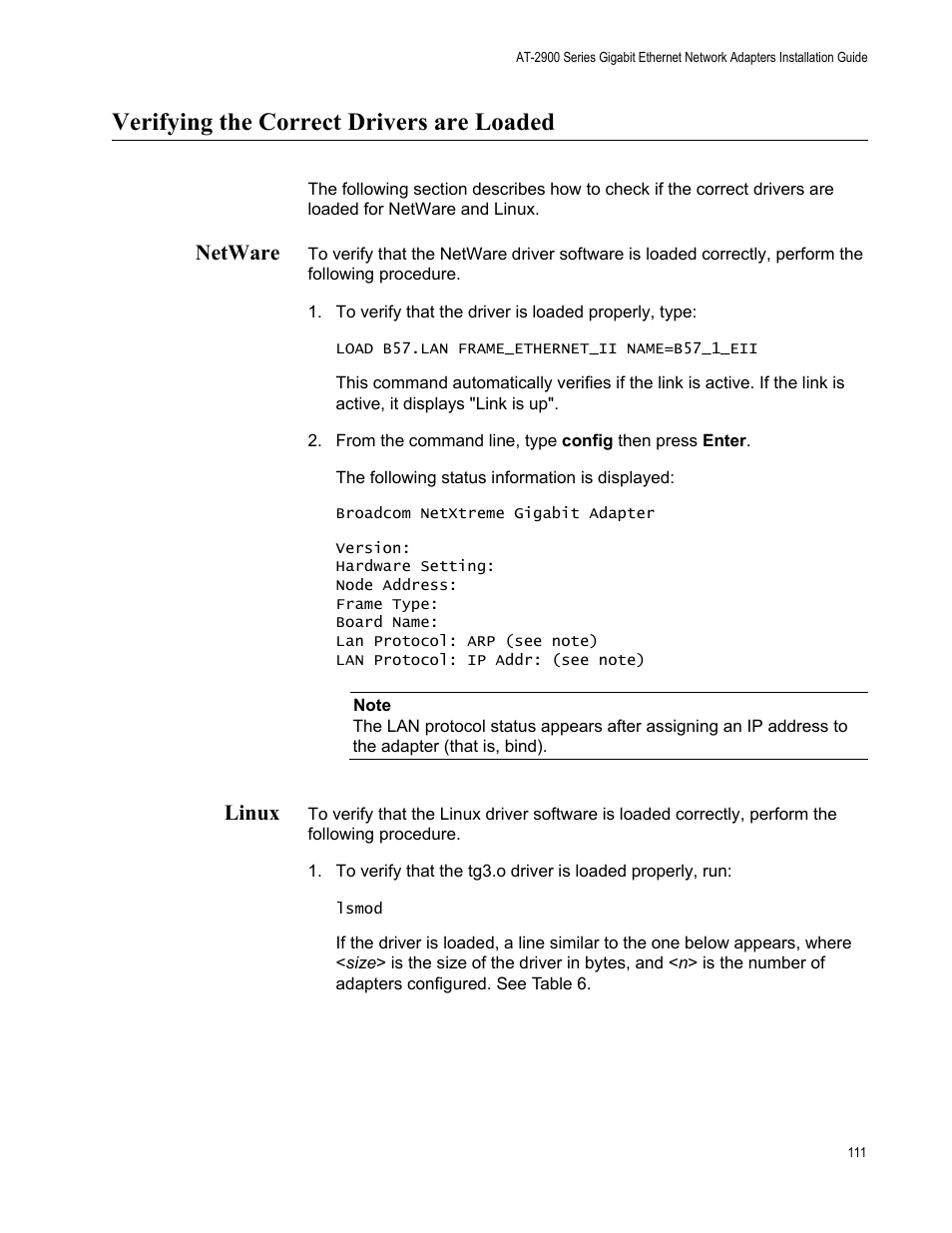 Verifying the correct drivers are loaded, Netware, Linux | Netware linux | Allied Telesis AT-2900 Series Adapters User Manual | Page 111 / 142