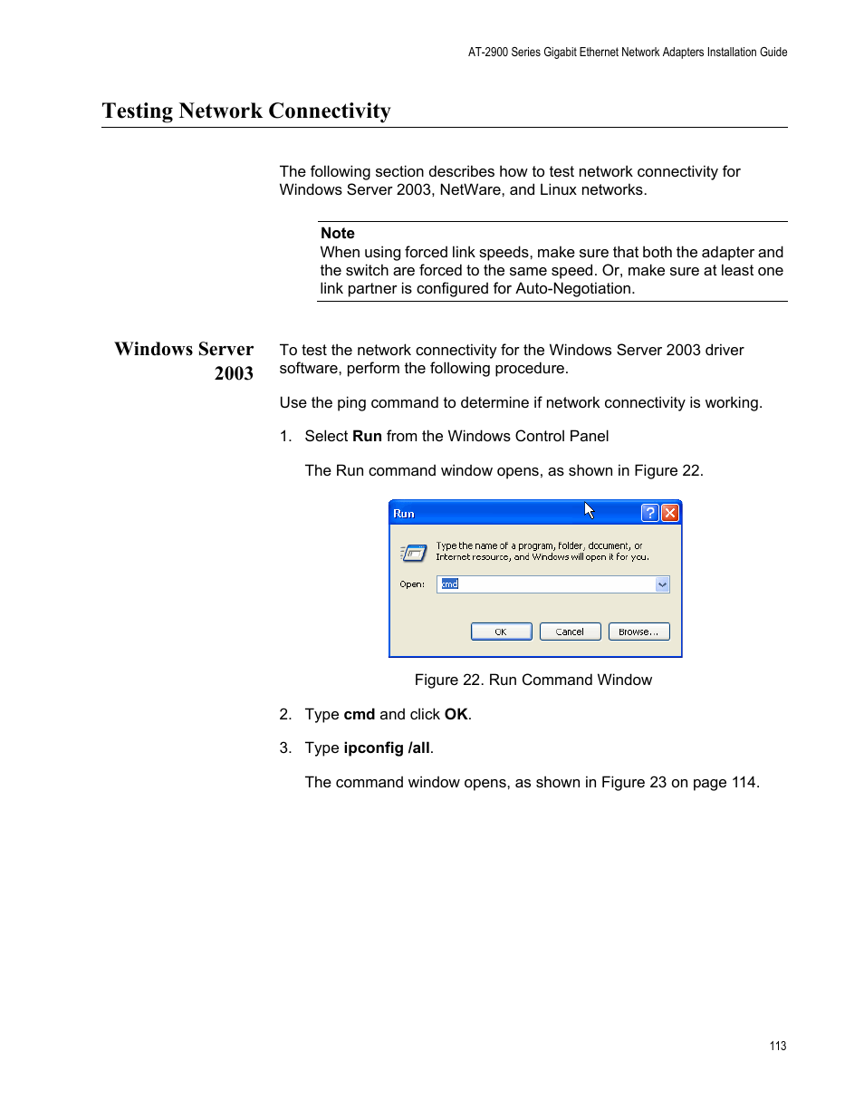 Testing network connectivity, Windows server 2003, Figure 22. run command window | Allied Telesis AT-2900 Series Adapters User Manual | Page 113 / 142