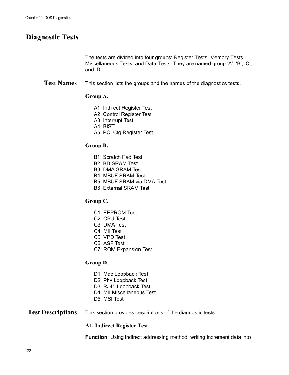 Diagnostic tests, Test names, Test descriptions | Test names test descriptions | Allied Telesis AT-2900 Series Adapters User Manual | Page 122 / 142