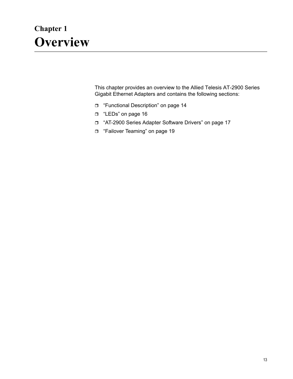Chapter 1, Overview | Allied Telesis AT-2900 Series Adapters User Manual | Page 13 / 142