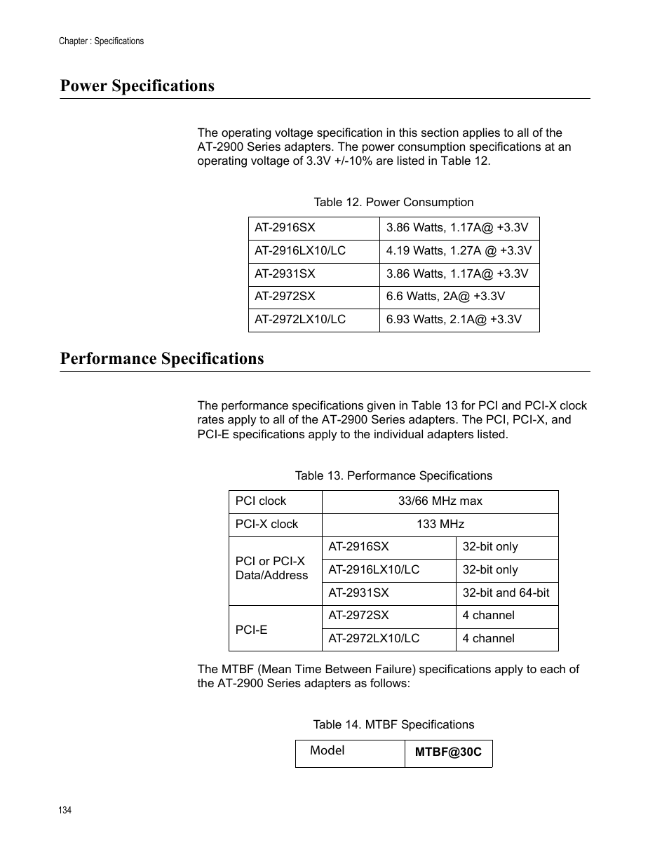 Power specifications, Performance specifications, Power specifications performance specifications | Allied Telesis AT-2900 Series Adapters User Manual | Page 134 / 142