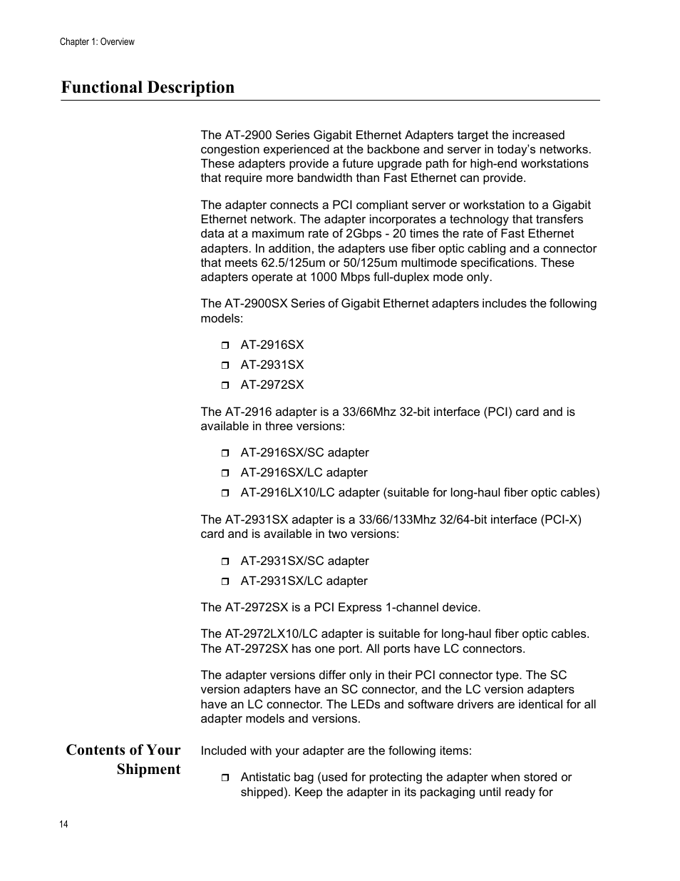 Functional description, Contents of your shipment | Allied Telesis AT-2900 Series Adapters User Manual | Page 14 / 142