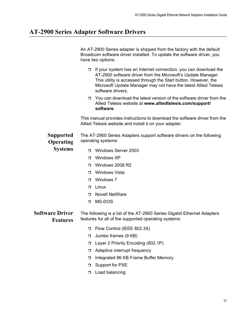 At-2900 series adapter software drivers, Supported operating systems, Software driver features | Allied Telesis AT-2900 Series Adapters User Manual | Page 17 / 142